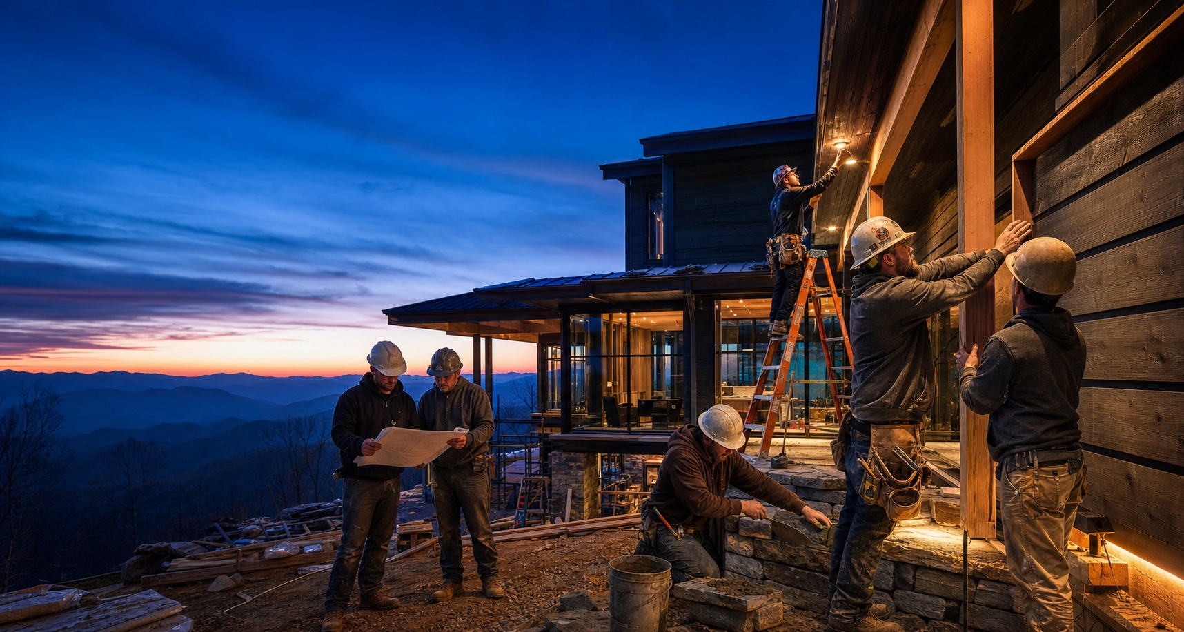 Five tradespeople actively finishing a luxury mountain home in Western North Carolina at blue hour