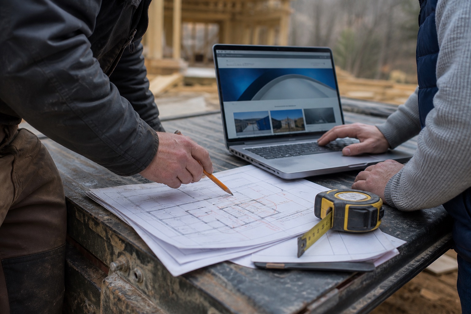 A contractor and web strategist reviewing plans and a website together at a jobsite
