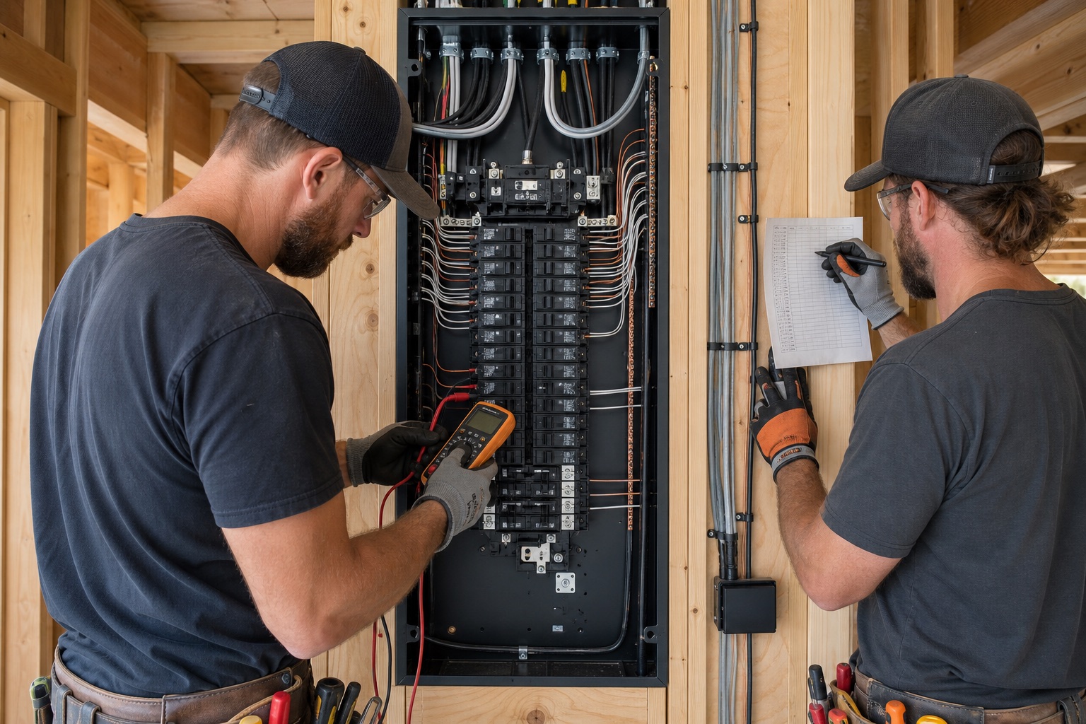 Electricians testing an organized service panel inside a bright timber-framed home