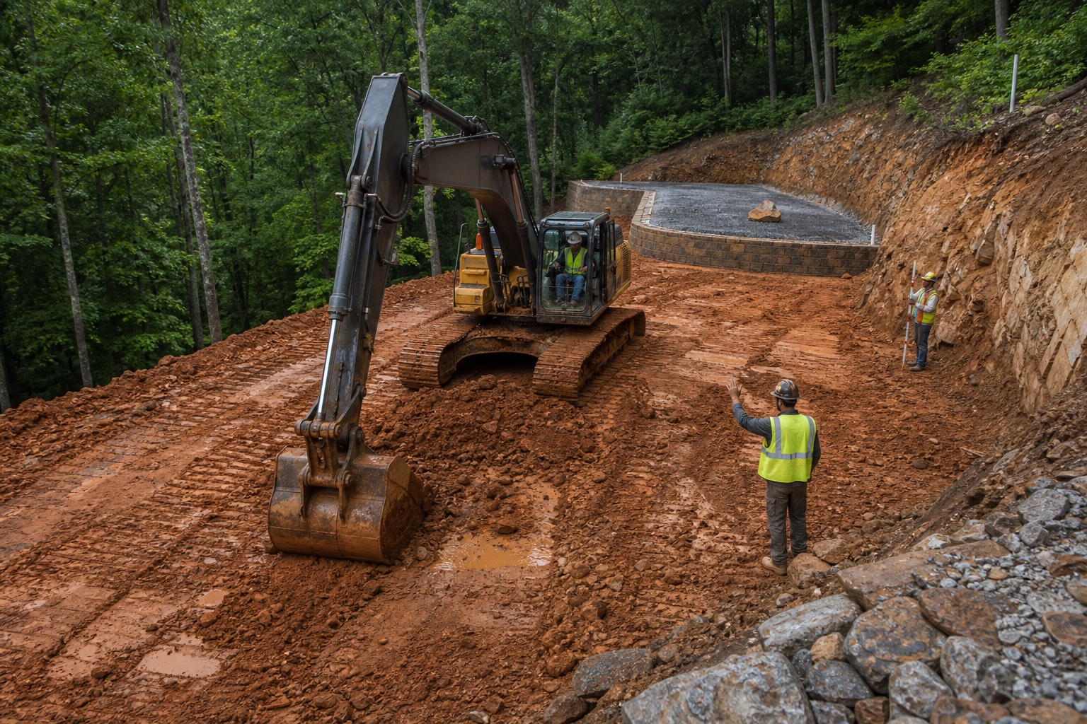 An excavation crew grading a wet red-clay mountain homesite surrounded by forest
