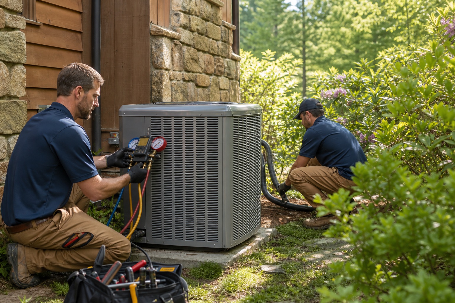 HVAC technicians servicing a heat-pump system beside a mountain home in summer daylight