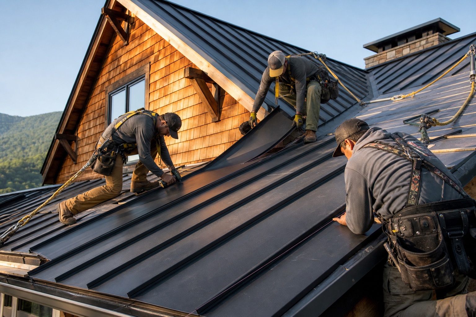 A roofing crew installing standing-seam metal roofing on a mountain home in crisp morning light