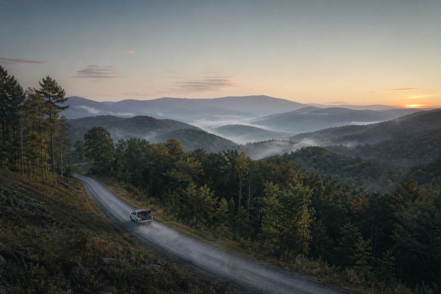 A work truck traveling a mountain road in Western North Carolina at sunrise